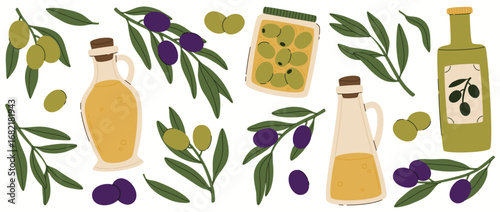 Set of olive tree branches. Olive oil, canned olives in a jar. Flat vector illustration.