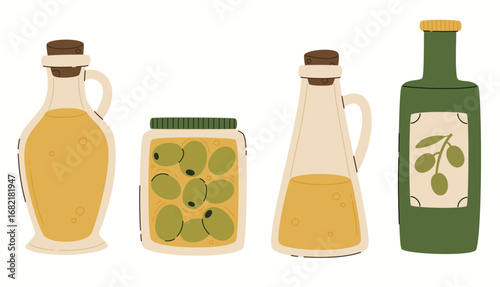 Set of products made from olives. Olive oil, canned olives in a jar. Flat vector illustration.