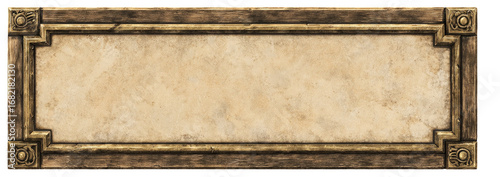 Ornate, light beige stone plaque with a dark brown, metal frame.  Intricate, decorative corners.  Flat, smooth surface