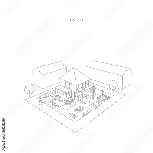 Isometric Line Drawing of a House with Garden