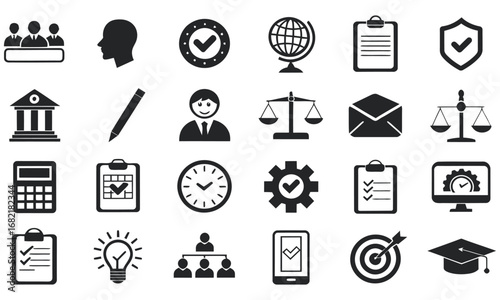 Business management and office work icons set with communication education finance and organization symbols in black design
