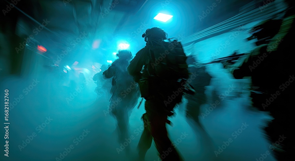 Fototapeta premium Military operation in a smoky tunnel