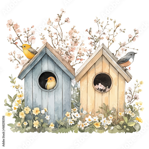 watercolor vector of Birdhouses With Spring Blossoms, isolated on a white background.