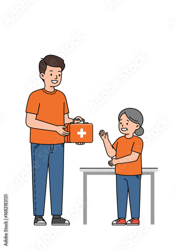 Man holding first aid kit helping elderly woman. Suitable for medical care and assistance concepts in design projects.