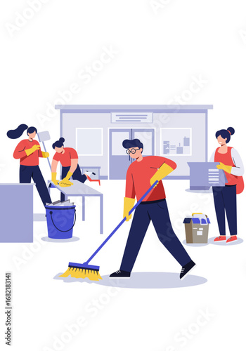 Group of people cleaning a building with tools. Suitable for cleaning services advertisements and janitorial service promotions. Cleansing a building with tools, professional cleaning staff.