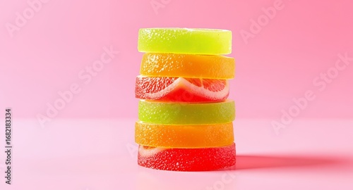 Stack of Colorful Citrus Fruit Slices on Pink Background