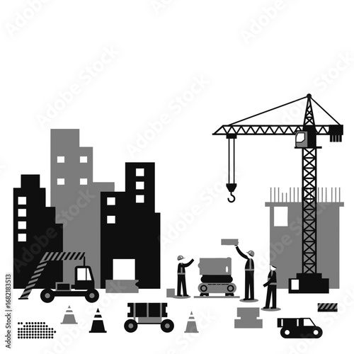 Monochrome Illustration of Construction Site with Crane and Workers