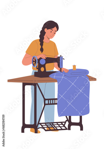 Woman sewing blue quilted fabric on vintage sewing machine. Perfect for crafting, sewing, homemade projects, quilting, vintage hobbies visuals.