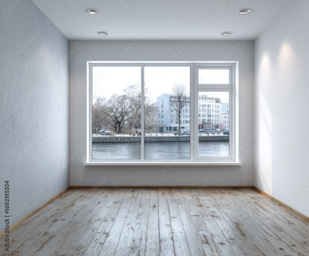 Obraz premium Empty room with large windows showcasing a city river view, showcasing neutral tones and natural light.