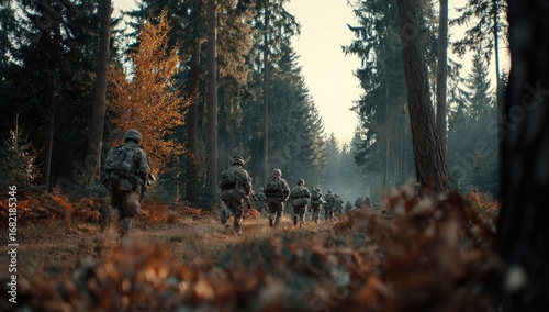 Soldiers marching through autumn forest