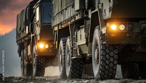 Military trucks on a dirt road at sunset (1)