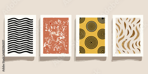 Set of four abstract minimalist art prints with geometric and organic patterns in earthy tones