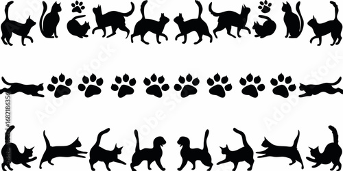Collection of black cat silhouettes and paw prints in horizontal rows on white background