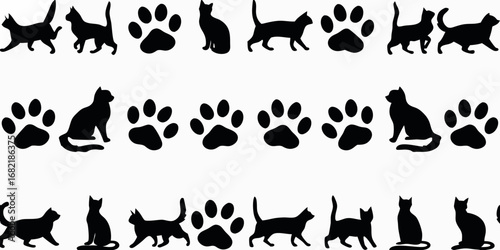 Seamless pattern of black cat silhouettes and paw prints on a white background
