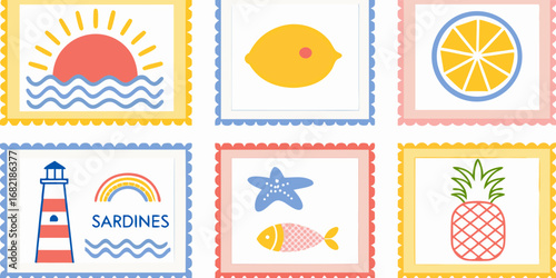 Set of six charming cartoon postage stamps featuring summer beach and nautical themes