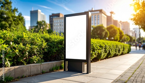 Modern Billboard Display in an Urban Setting, City Street Advertising Space with Nature and Architecture Backdrop