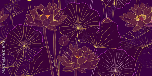 Elegant seamless pattern of dark purple lotus flowers and lily pads with golden outlines on a deep plum background