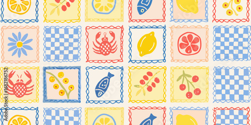 Charming hand drawn pattern with fruits flowers fish and crabs in pastel colors