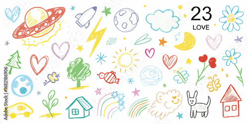 Collection of colorful crayon drawings of children s doodles including space nature animals and hearts