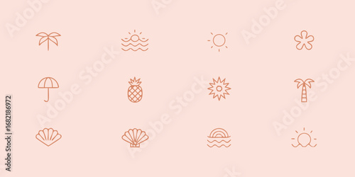 Collection of simple line art icons representing summer vacation and beach elements on a soft pink background