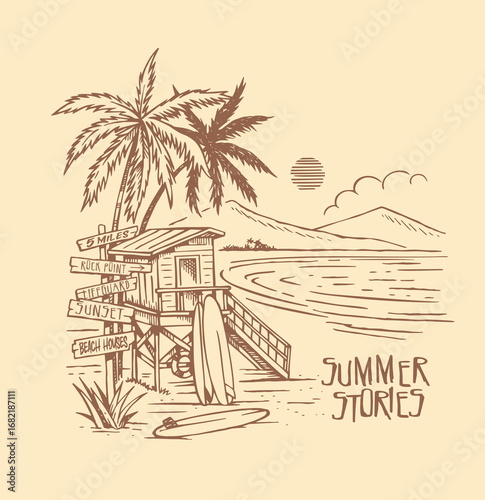 Illustration of a coastal landscape with a lifeguard station. A simple, stripped-down style with simple lines.