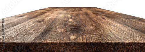 Close-up view of a rustic wooden surface.  Natural wood grain patterns and tones are visible