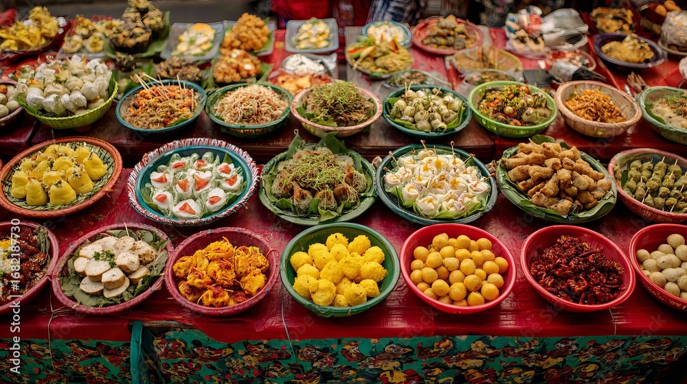 Fototapeta premium Vibrant street food market showcasing a diverse array of delicious and colorful culinary delights from around the world, inviting exploration and taste.