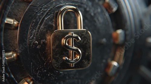 Close up of a gold dollar sign padlock on a dark textured surface with gold accents around it