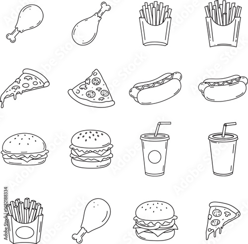 Hand drawn fast food vector illustration with chicken fries pizza and burger