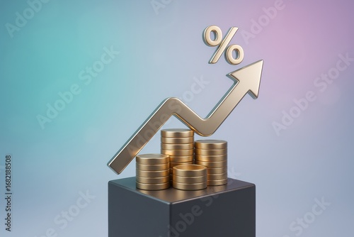 Stack of gold coins is on top of a black cube. 3d isolated illustration on transparent background