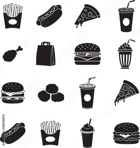 Collection of Black and White Fast Food Icons for Menu Design and Graphics