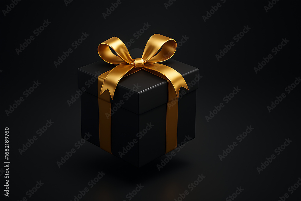 Obraz premium Luxury Black & Gold 3D Gift Box Floating on Dark Background – Perfect for Christmas, Black Friday, Exclusive Sales, Premium Branding, and Elegant Product Promotions