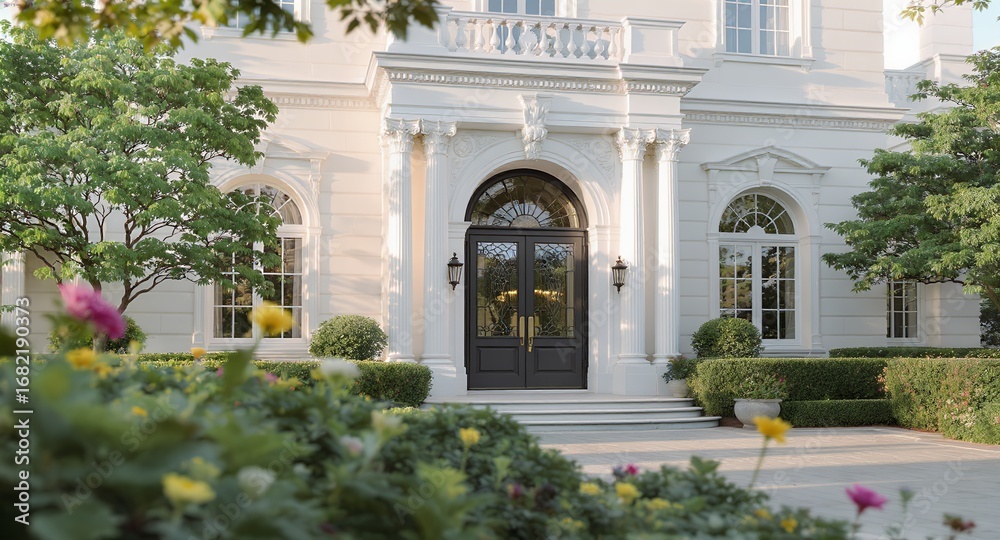 Obraz premium Elegant Mansion Entrance with Lush Greenery and Classical Architecture