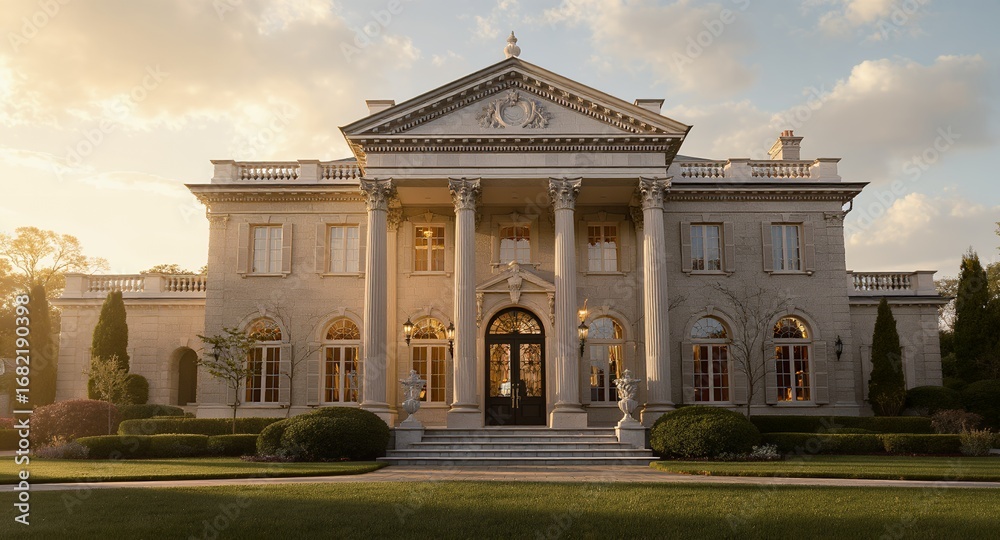 Fototapeta premium Elegant Neoclassical Mansion at Golden Hour