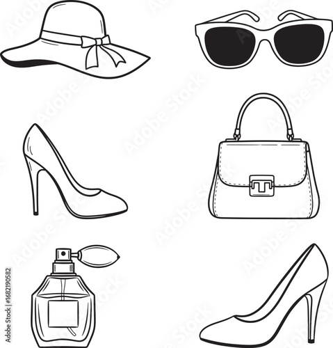 Fashion accessories line art illustration of hat sunglasses heels purse and perfume