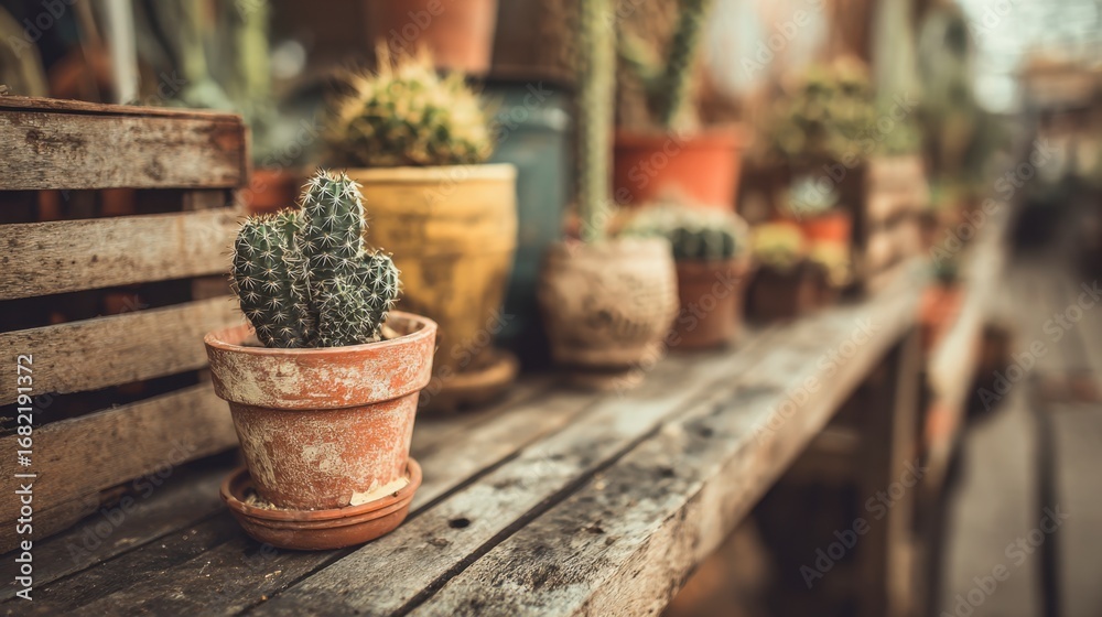 Fototapeta premium Cactus in terracotta pot on weathered wooden table More cacti in background