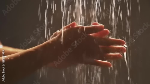 Womans hands under shower stream.