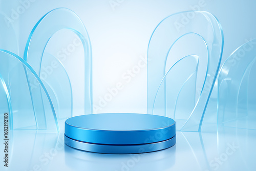 Blue Glass Platform with Abstract 3D Background for Product Display, Flyer, Poster, Branding, Modern Advertising and Minimal Design