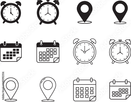 Clock Calendar and Location Pin Icons in Black and White Graphic Design