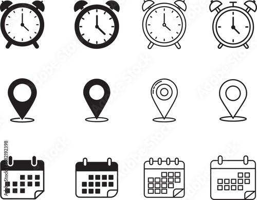Clock Location Pin and Calendar Icons in a Simple Black and White Style