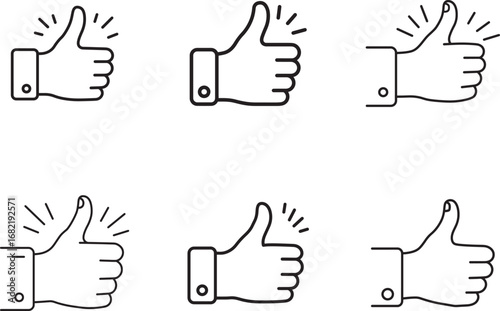 Collection of Thumbs Up Icons Representing Approval and Positive Feedback in Outline Style