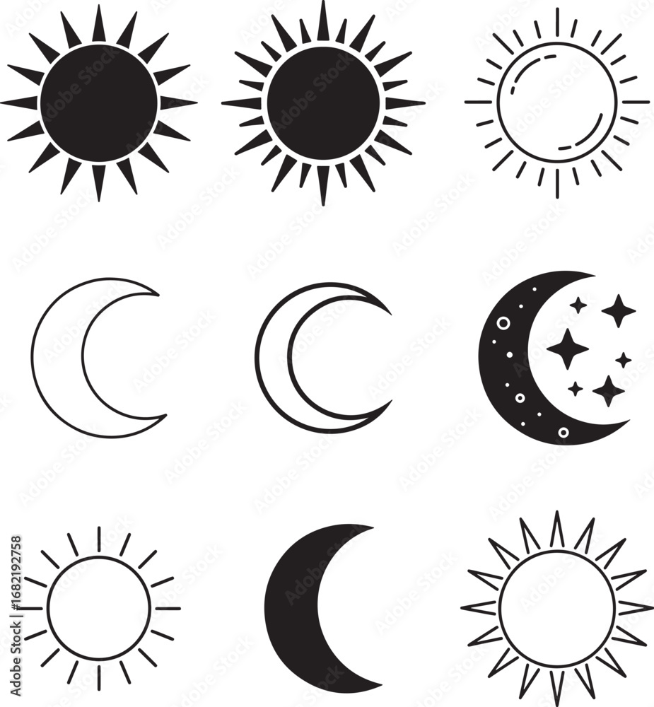 Fototapeta premium Celestial Sun and Moon Icons in Black and White Vector Illustration