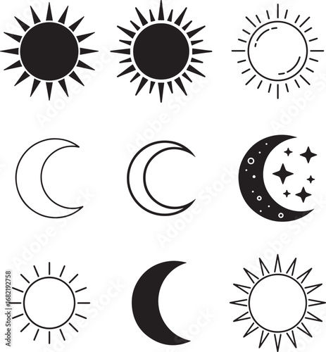 Celestial Sun and Moon Icons in Black and White Vector Illustration