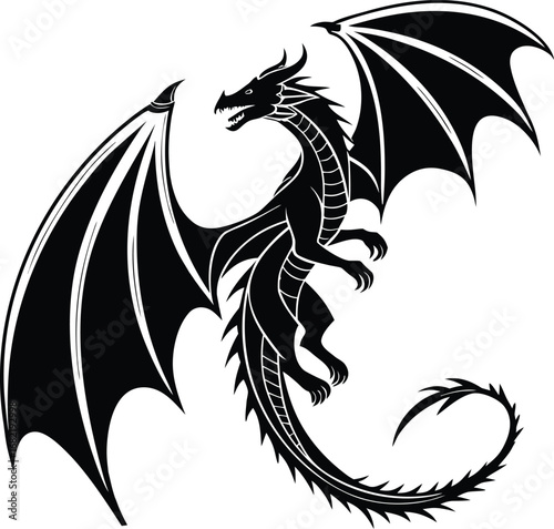 Flat vector icon of a majestic dragon with spread wings silhouette