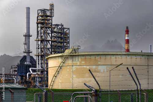 Marsden Point, New Zealand. Decommissioned rusting oil refinery, which refined crude oil from 1964 to 2022. Photo taken in 2025.
