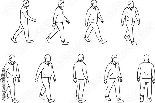 Set with people outlines isolated on white background. Men walking. Top view. Vector illustration.
