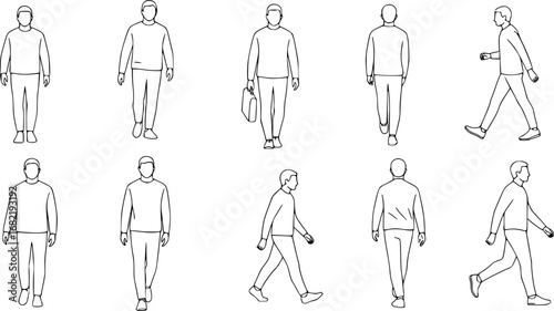 Set with people outlines isolated on white background. Men walking. Top view. Vector illustration.
