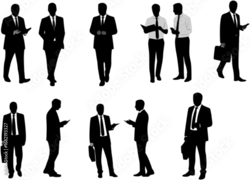 CAD Drawings. Set business people outlines isolated on white background. Walking, standing, talking etc. Vector illustration.
