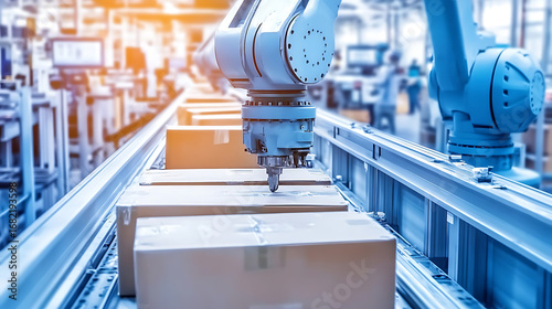 Automated Robotic Arms Handling Boxes on a Conveyor Belt in a Factory