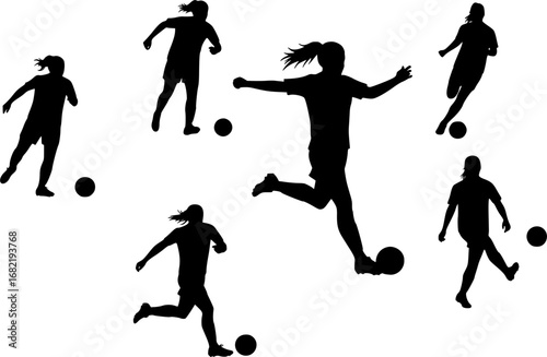 set of Football players, men and women playing soccer, group of people, isolated vector silhouettes
